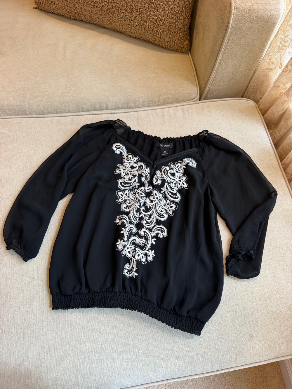 White House Black Market Black Blouse with White Embroidery